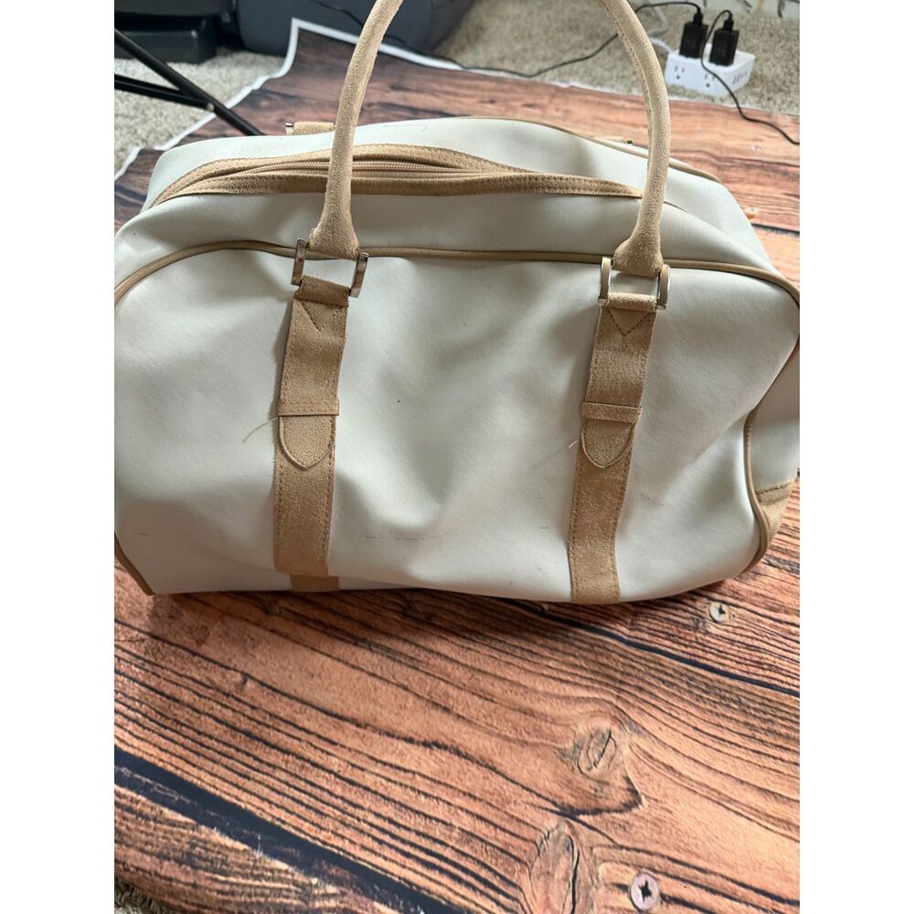 Cream White Tan Suede Look Trim Oversized Satchel Carryall Bag